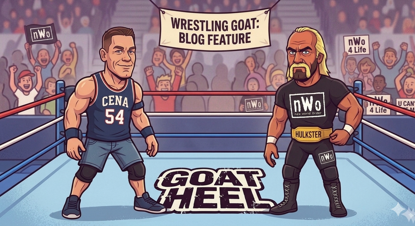 A cartoon illustration of wrestlers John Cena in his number 54 jersey and Hulk Hogan in his black "nWo" gear, standing face-to-face in a wrestling ring labeled "GOAT HEEL".