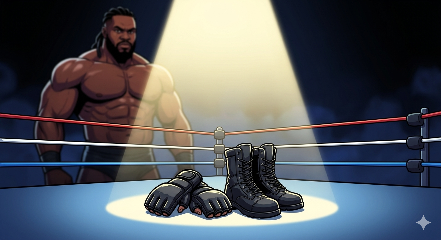 Alt Text: Cartoon illustration of Brock Lesnar's boots and gloves in the ring after his retirement match at WrestleMania 42.