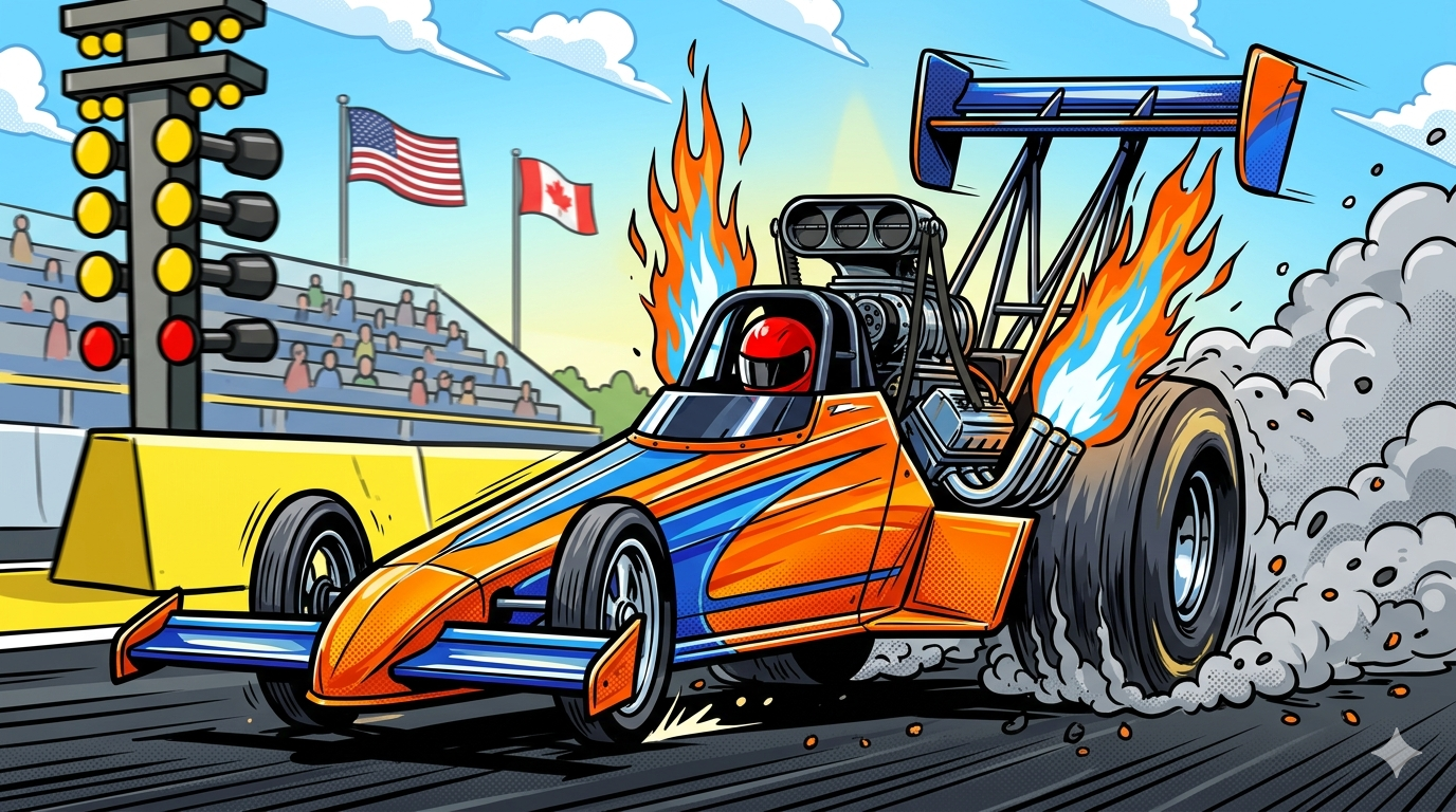 Cartoon illustration of an NHRA Top Fuel dragster launching from the starting line with header flames and smoke. (This is critical for web accessibility and indexing the image in search).