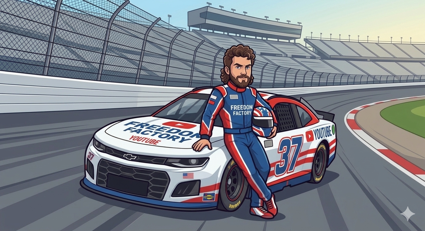 A cartoon illustration of Cleetus McFarland in his patriotic red, white, and blue racing suit at Talladega Superspeedway, leaning on a stylized stock car with 'FREEDOM FACTORY' and 'YOUTUBE' generic sponsors, after NASCAR did not clear him to race.