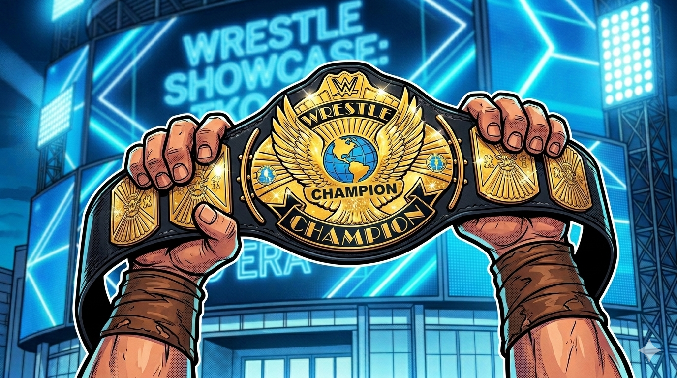 A closeup cartoon illustration of a fan with strong, leather-wrapped hands holding up a black-strap 'Winged Eagle' championship belt. A blurred modern 'TKO Era' stadium is in the background.
