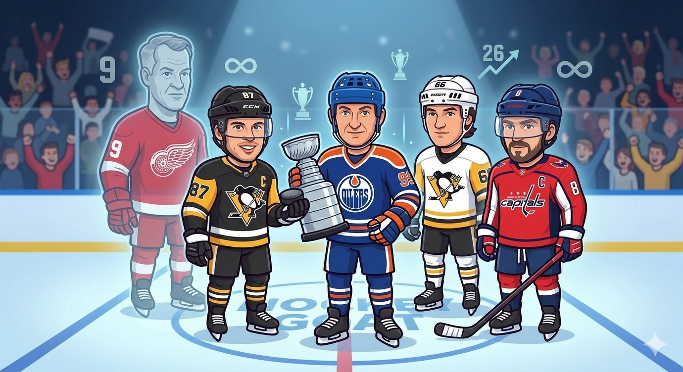 A cartoon illustration of five hockey legends in their NHL uniforms—Wayne Gretzky, Sidney Crosby, Alexander Ovechkin, Mario Lemieux, and Gordie Howe—standing on a hockey GOAT blue line, debating the greatest hockey player of all time.