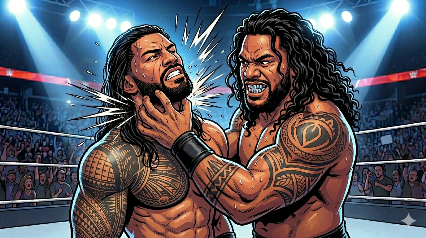 Alt Text: A high-intensity comic-book style illustration of Jacob Fatu applying the specific Tongan Death Grip to Roman Reigns' throat on WWE Raw, showing Fatu's new long hair and prominent silver teeth.