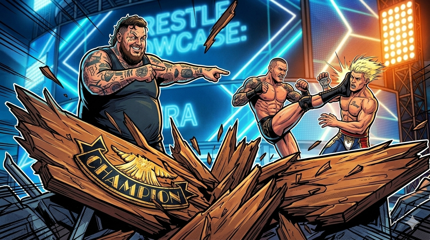 Cartoon illustration of the splintered wooden announce table after Jelly Roll's elbow, with Randy Orton punting Cody Rhodes in the background.