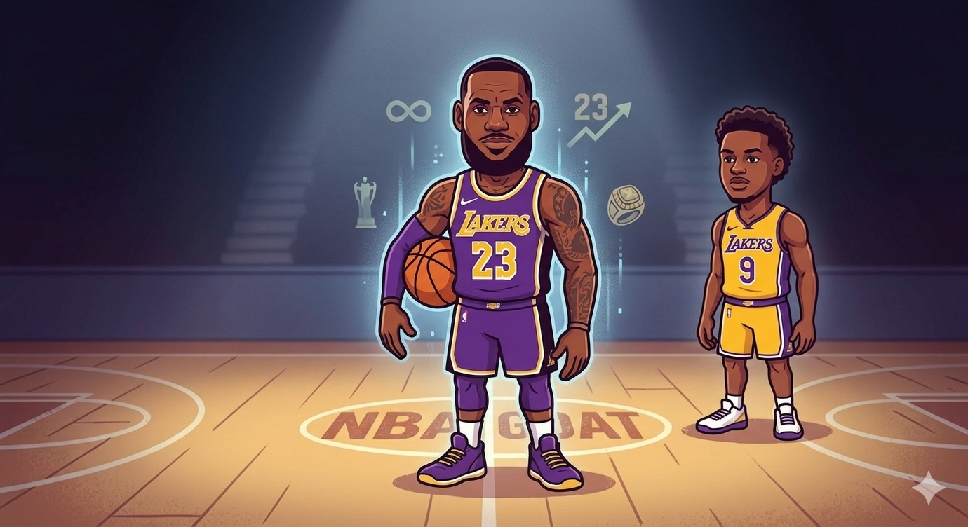A cartoon illustration of LeBron James (Lakers #23) holding a basketball on the NBA GOAT court, surrounded by floating statistical symbols representing his 23-season longevity, with Bronny James (Lakers #9) standing in the background.