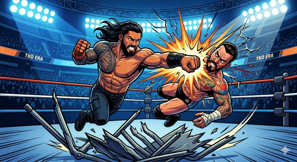 Cartoon illustration of Roman Reigns delivering a Superman Punch to CM Punk during their intense WrestleMania 42 main event.