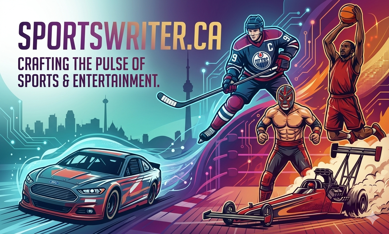 A cartoon illustration header graphic for sportswriter.ca, featuring a dynamic color gradient shift (teal, purple, orange, gold) connecting a stylized stock car, hockey player #99, luchador, and basketball player, without any category text.