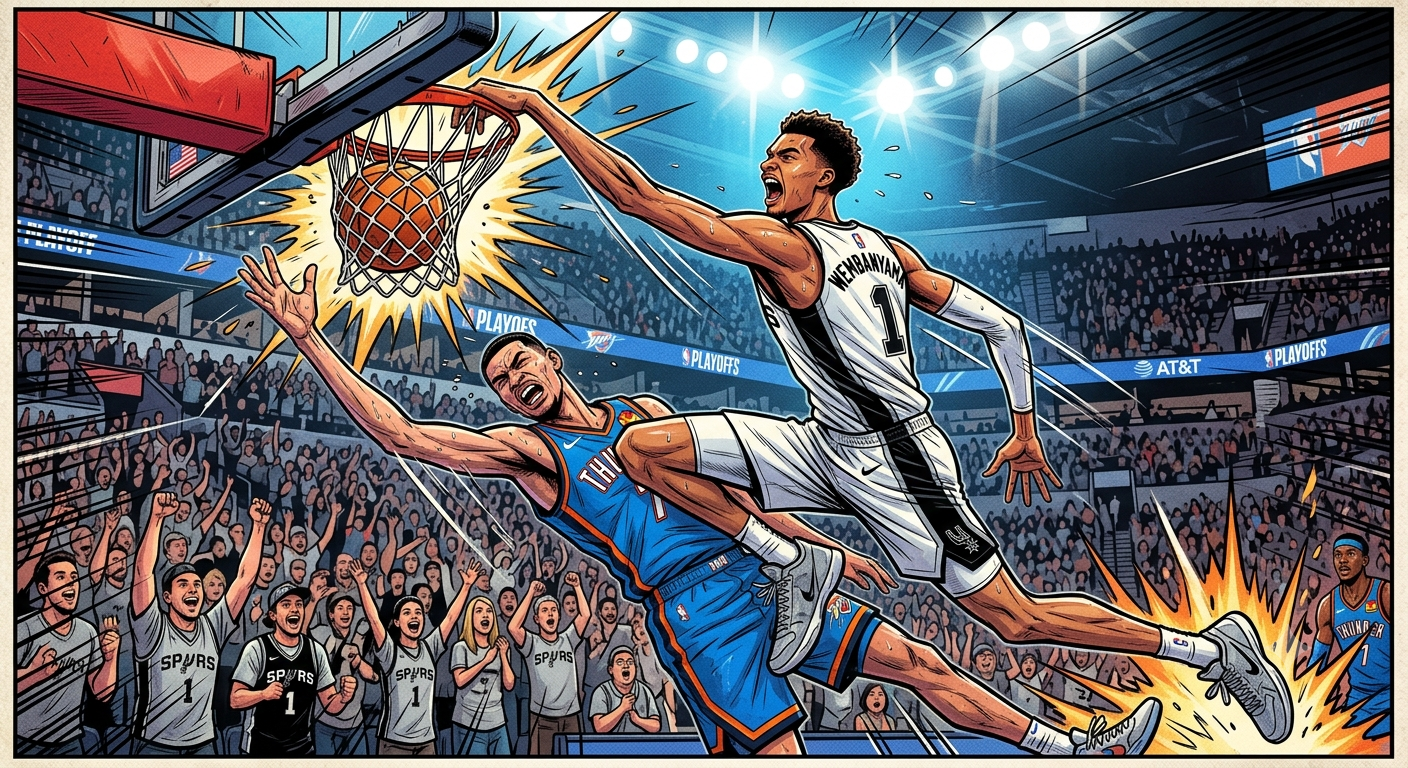 Comic-book style illustration of Victor Wembanyama throwing down a powerful dunk over a defender in the 2026 NBA playoffs.
